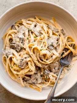 creamy mushroom pasta sauce recipe, served with fresh parsley