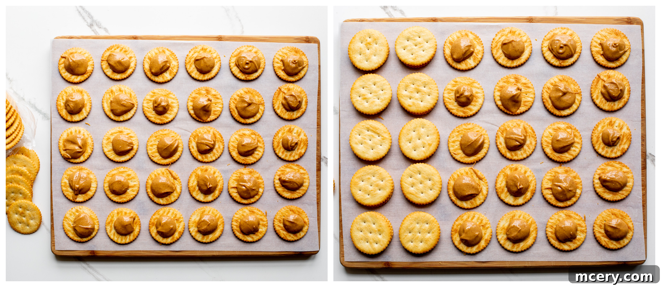 Golden Sweet Salty Cookie Crunch 4 A close-up image showing Ritz crackers being assembled with creamy peanut butter filling.