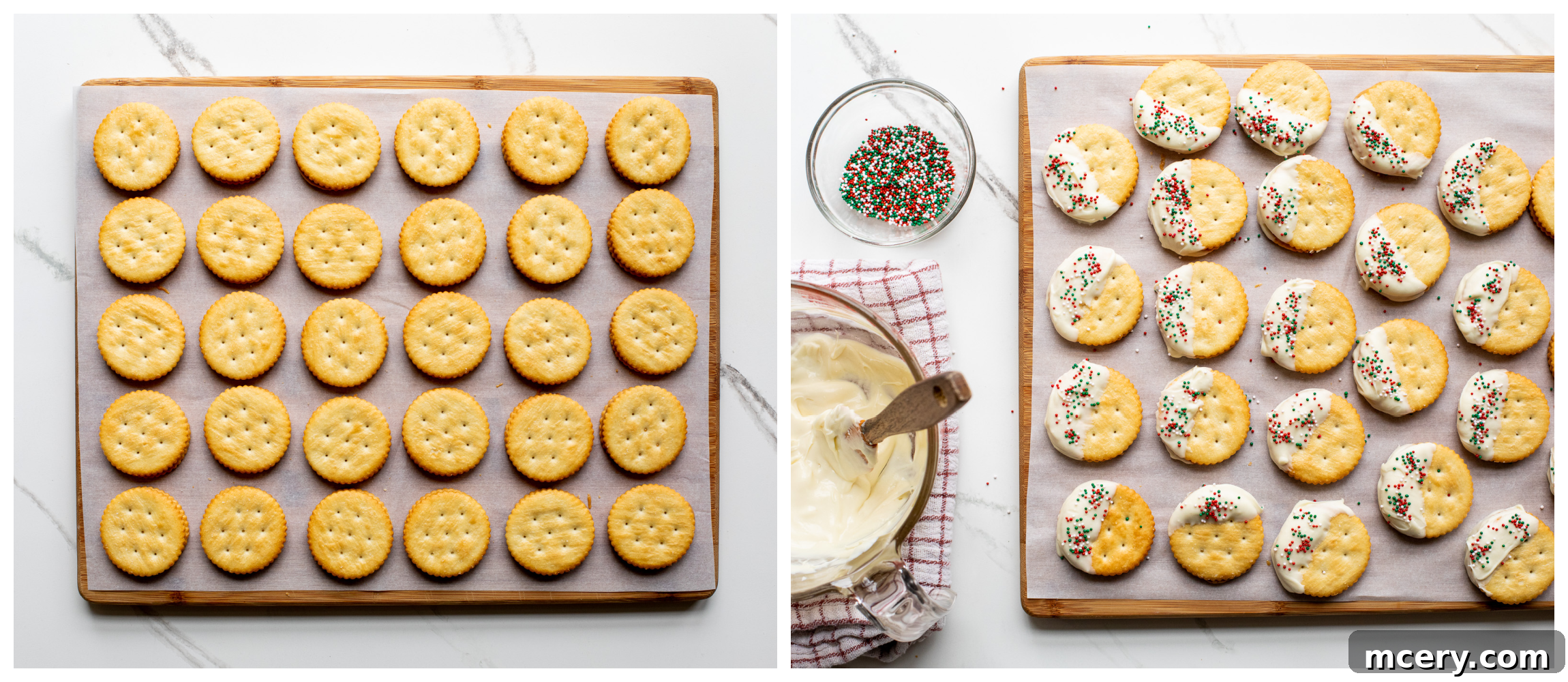 Golden Sweet Salty Cookie Crunch 5 Ritz Cracker Cookies partially dipped in melted white chocolate and covered with festive sprinkles, laid out on parchment paper to dry.