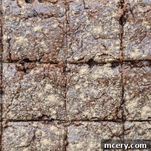 A close-up of freshly baked Vegan Sweet Potato Brownies, cut into squares. The surface is slightly cracked and dusted with powdered sugar, giving them a textured and rustic appearance.