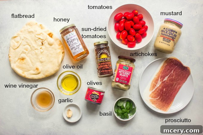Mediterranean Mezze Flatbread 3 ingredients for mediterranean flatbread.