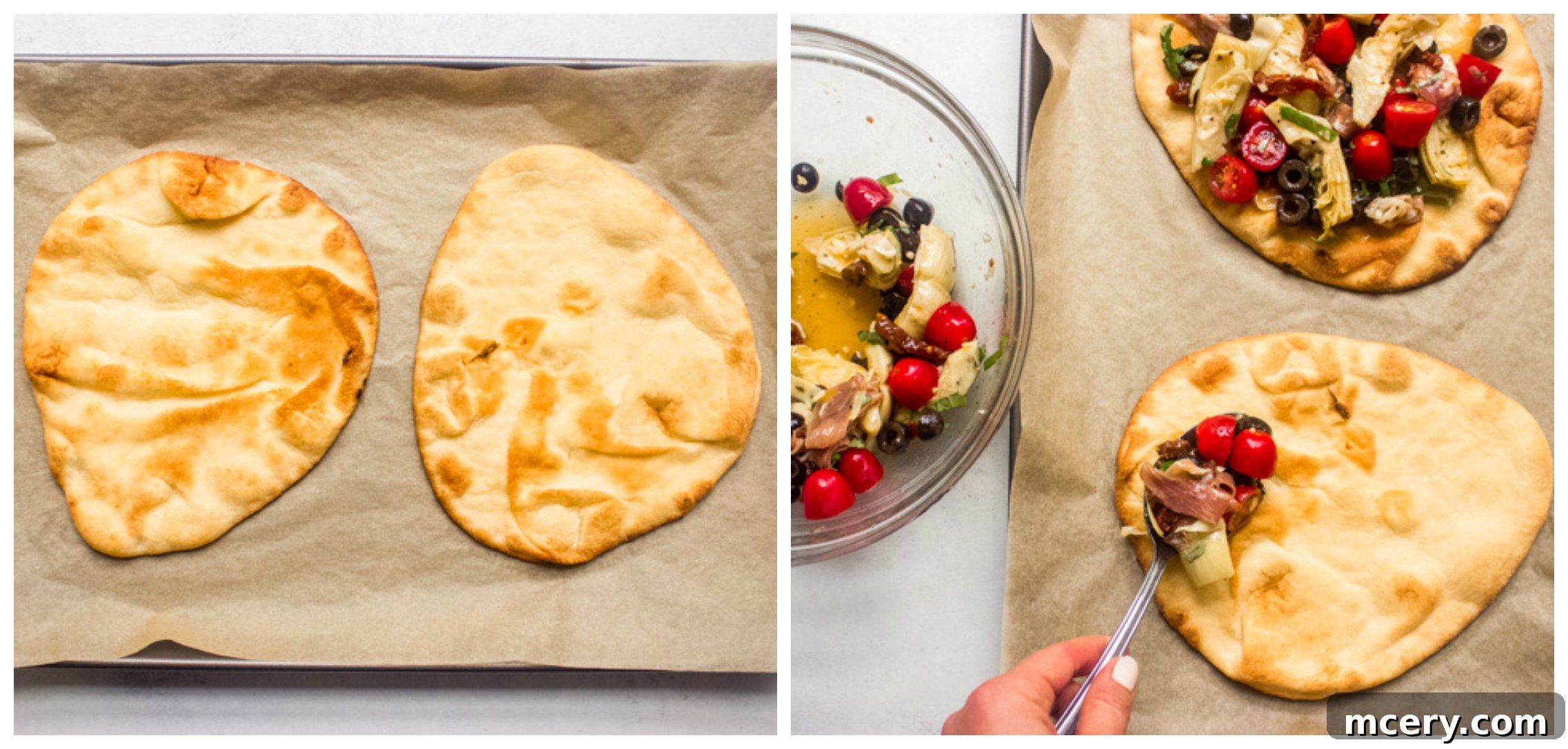 Mediterranean Mezze Flatbread 6 flatbread with mediterranean toppings on a baking sheet