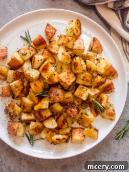 garlic and rosemary potatoes, plated and ready to serve.