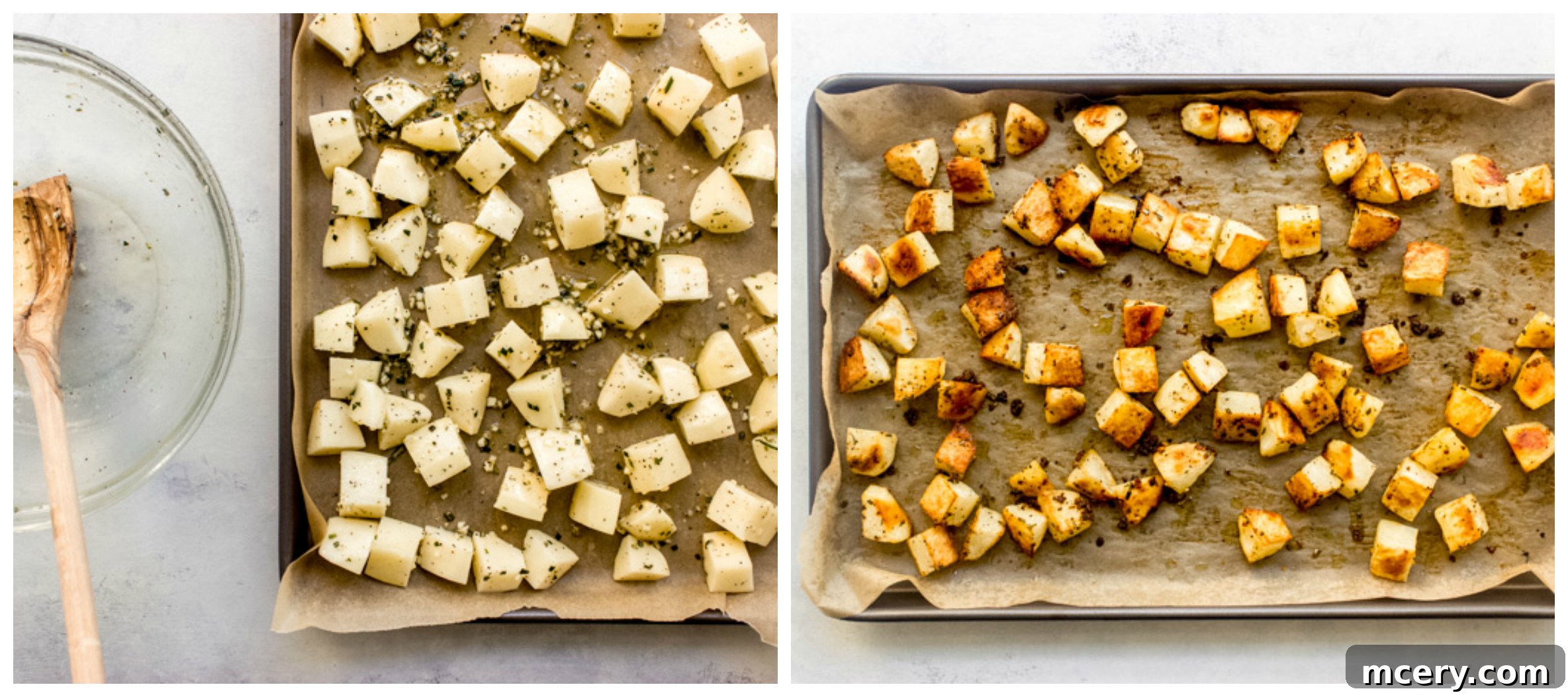 Crispy Rosemary Roasted Potatoes 6 potatoes on a sheet pan, spread in a single layer.