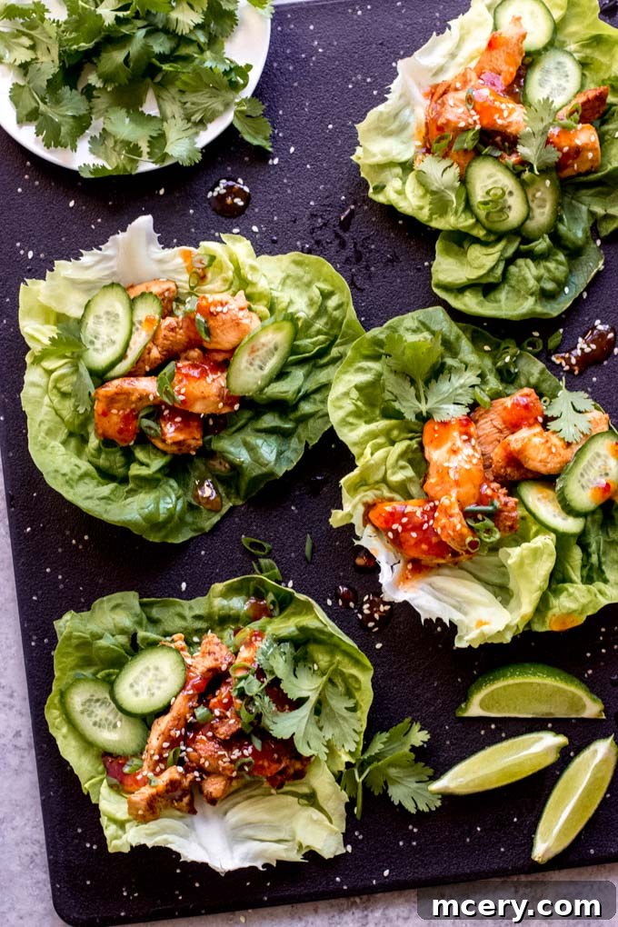Zesty Korean Chicken Lettuce Cups 2 Delicious Korean Chicken Lettuce Wraps with fresh cucumbers, cilantro, and green onions