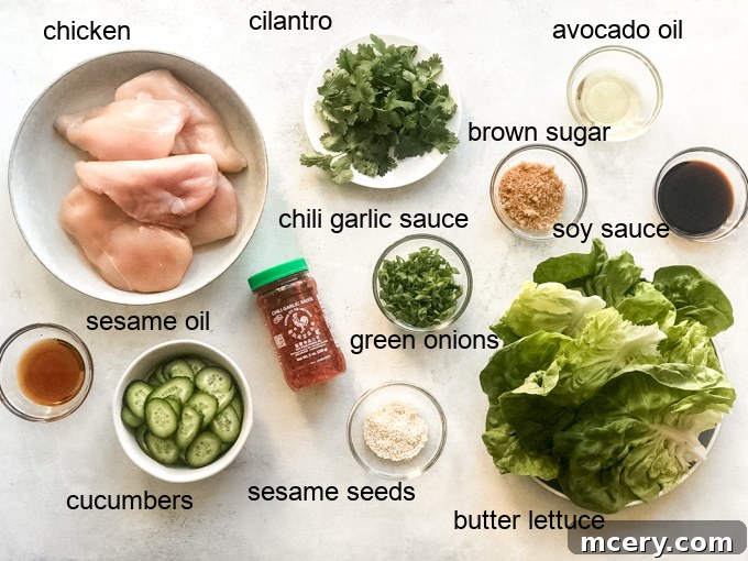 Zesty Korean Chicken Lettuce Cups 3 Ingredients for Korean Chicken Lettuce Wraps laid out on a cutting board