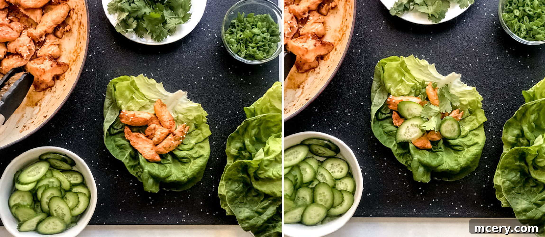 Zesty Korean Chicken Lettuce Cups 6 Assembled Korean Chicken Lettuce Wraps garnished with fresh herbs