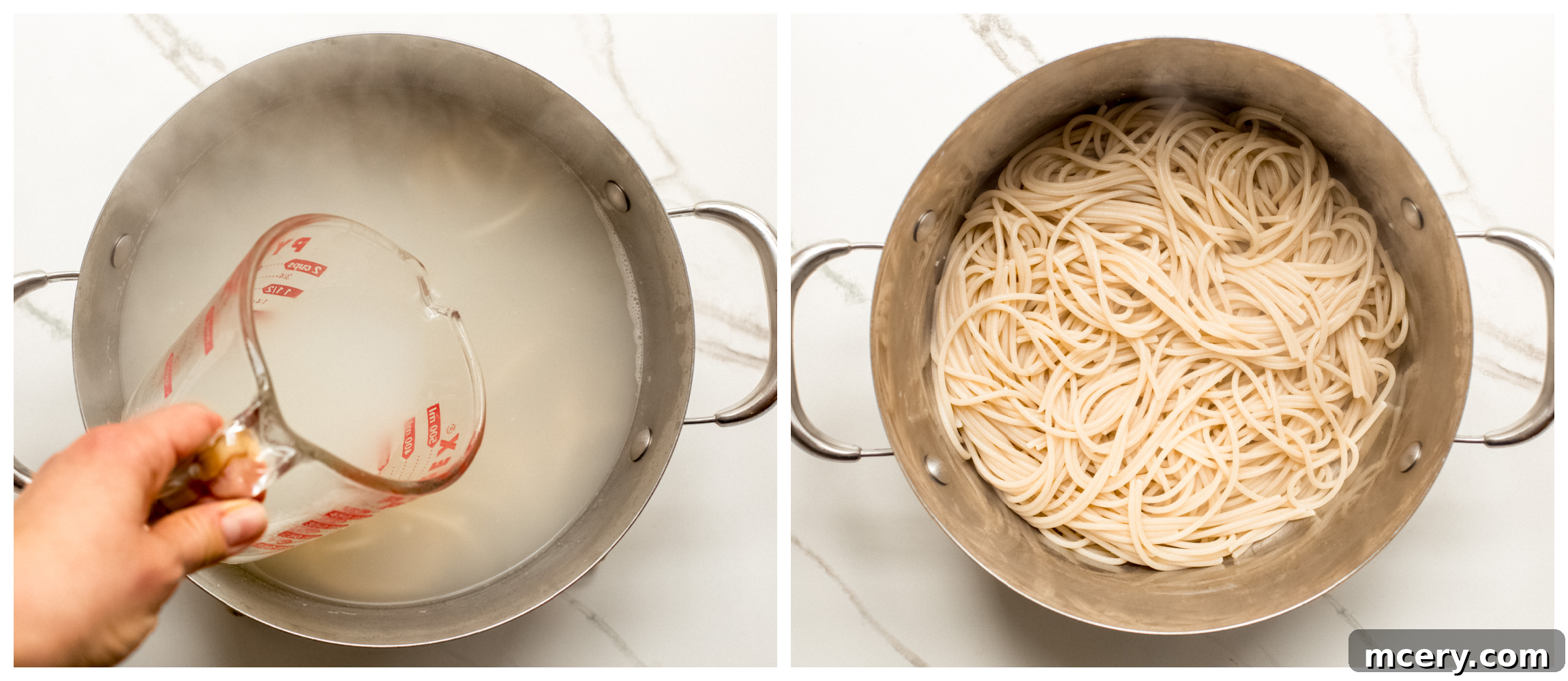 Garden Fresh Spinach and Tomato Pasta 4 two cooking pot images showing spaghetti in water in one, and drained spaghetti in second.