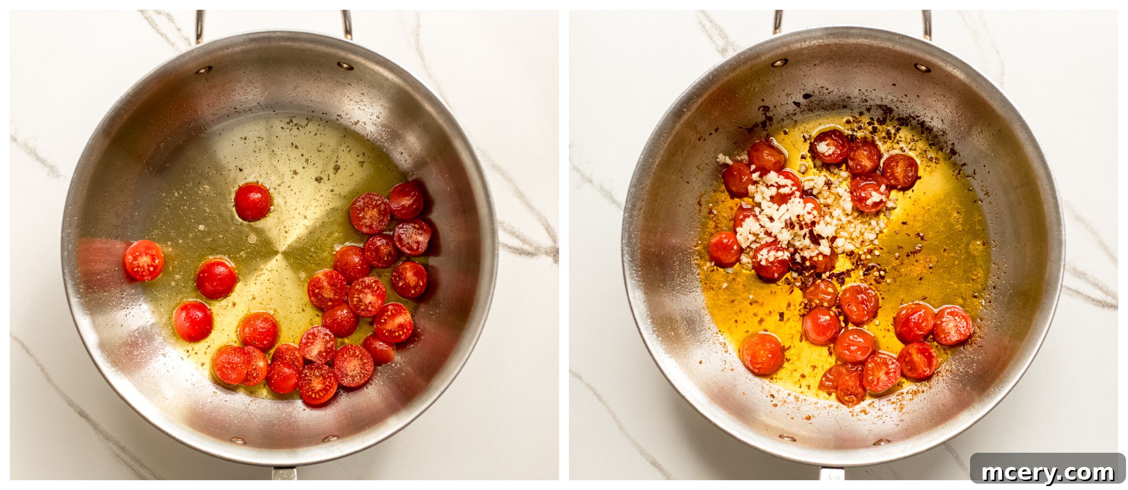 Garden Fresh Spinach and Tomato Pasta 5 two saucepan photos showing grape tomatoes in one, and cooked tomatoes with garlic in second.