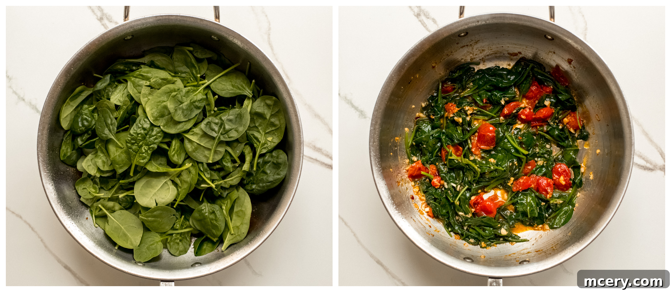 Garden Fresh Spinach and Tomato Pasta 6 two pan photos showing baby spinach in one, and cooked baby spinach with tomatoes in second.