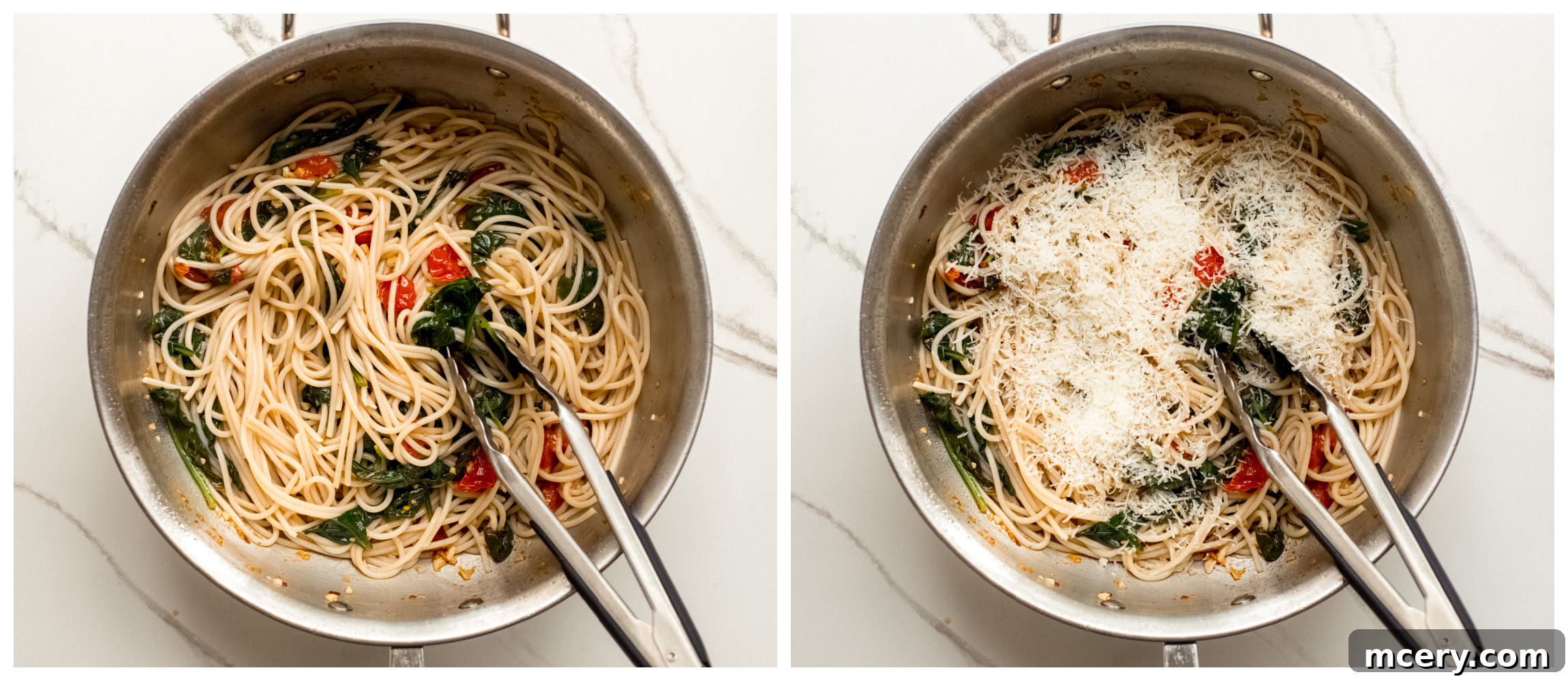 Garden Fresh Spinach and Tomato Pasta 7 two saute pan photos showing spaghetti with sauce in one, and parmesan cheese over spaghetti and sauce in second.