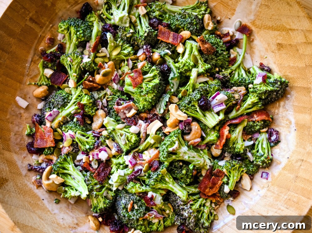 Crispy Broccoli Salad 3 Close-up shot of the fresh ingredients mixed in the Broccoli Crunch Salad