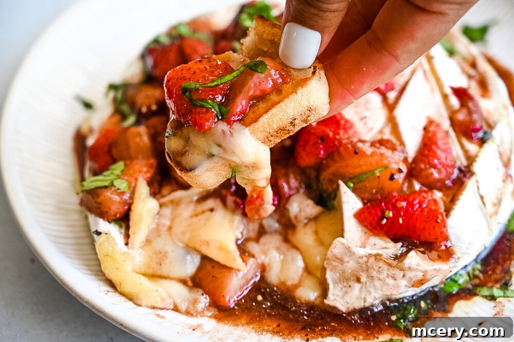 Strawberry Balsamic Baked Brie Summer Perfection 5 Serving Strawberry Balsamic Baked Brie with toasted baguette slices