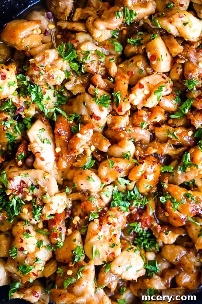 Sticky Sweet Garlic Chicken Bites 3 A top-down view of cooked honey garlic chicken bites in a skillet, coated in a thick, glossy sauce, ready to be served.