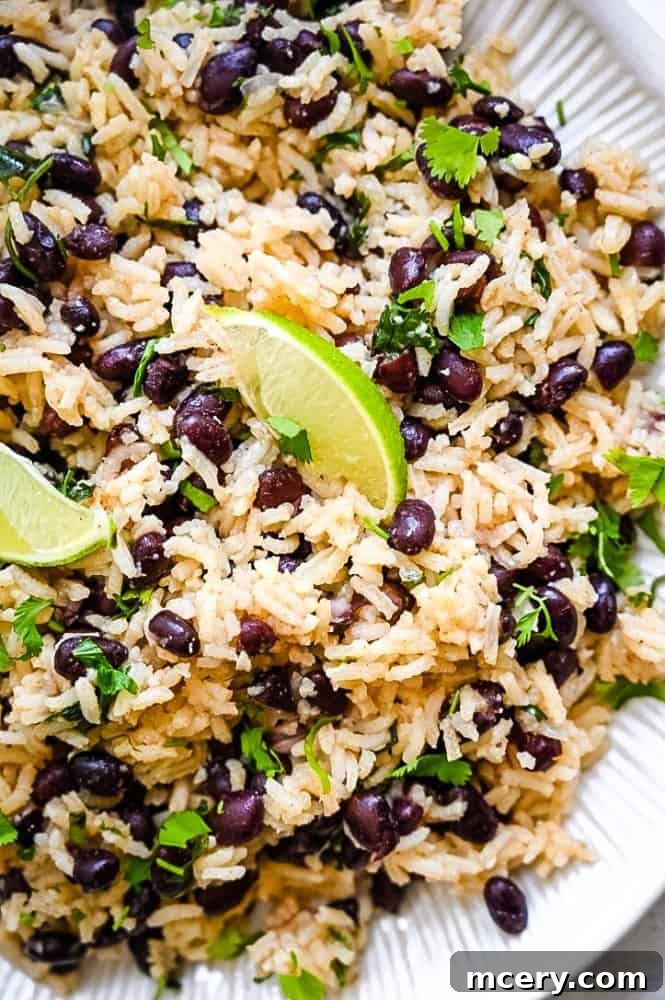 Perfect One-Pot Black Beans and Rice Side 2 A vibrant bowl of freshly cooked One-Pot Black Beans and Rice, garnished generously with chopped cilantro and lime wedges, ready to be served as a wholesome, family-friendly side dish.