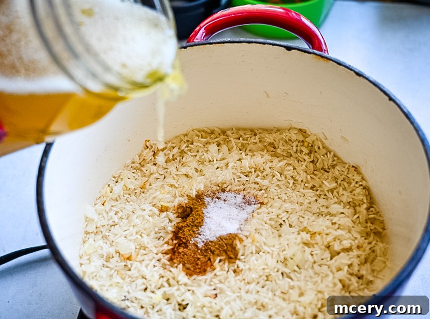 Perfect One-Pot Black Beans and Rice Side 6 A close-up shot showing uncooked white rice seasoned with cumin, chili powder, and salt in a blue and red pot, as savory chicken broth is being poured over it to begin the cooking process.