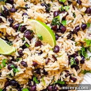 Perfect One-Pot Black Beans and Rice Side 10 A beautifully presented plate of Black Beans and Rice, garnished with fresh cilantro and lime wedges, showcasing a vibrant and flavorful meal.