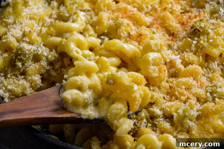 A close-up of creamy Hatch Green Chile Macaroni And Cheese being lifted with a wooden spoon. The dish is golden and bubbling, featuring tender pasta coated in melted cheese sauce.