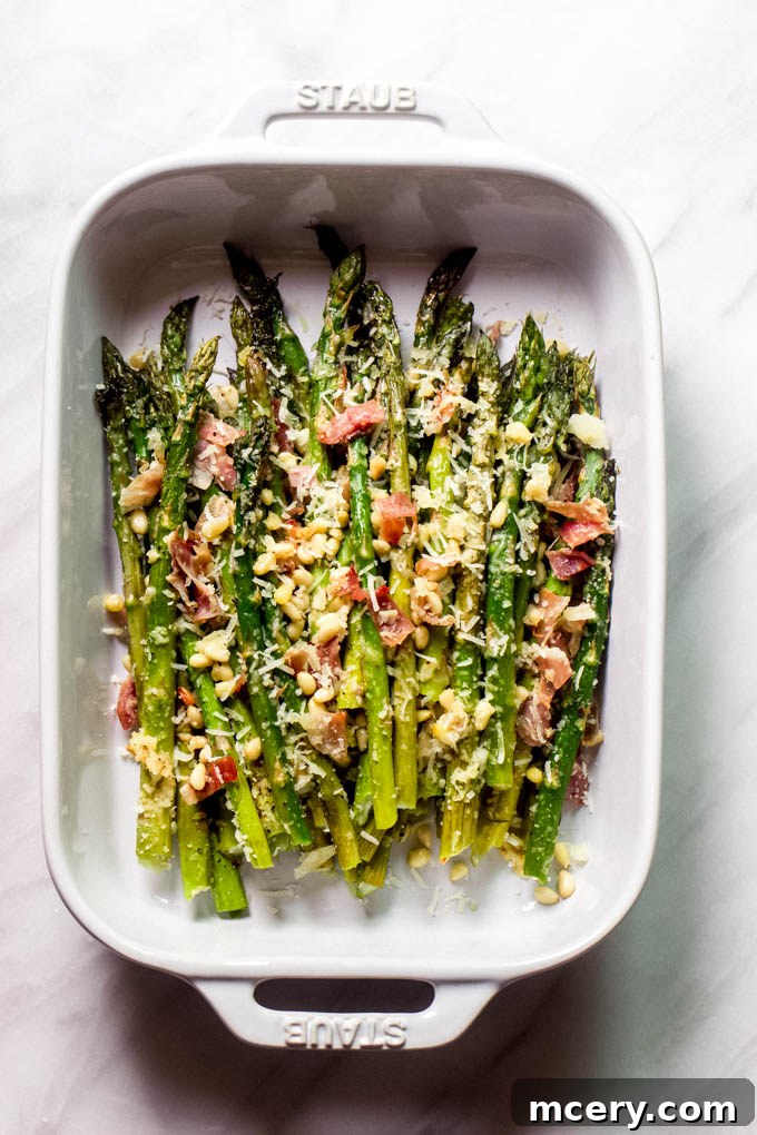 Silky Parmesan Asparagus with Crispy Prosciutto</pre> 2 Delicious Parmesan roasted asparagus topped with melty cheese and crispy prosciutto