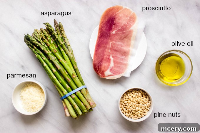 Silky Parmesan Asparagus with Crispy Prosciutto</pre> 3 Ingredients laid out for oven roasted asparagus with parmesan cheese, including olive oil, prosciutto, and pine nuts