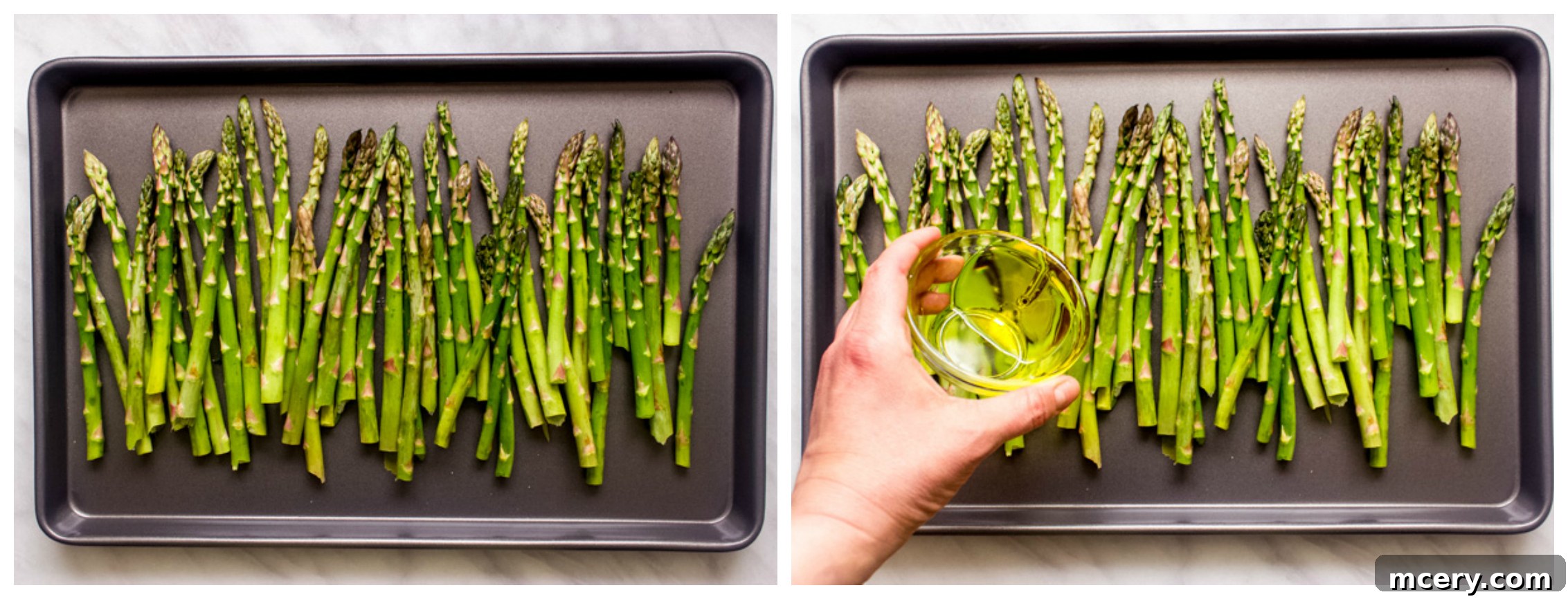 Silky Parmesan Asparagus with Crispy Prosciutto</pre> 4 Asparagus being tossed with olive oil and seasoning on a baking sheet, ready for toppings