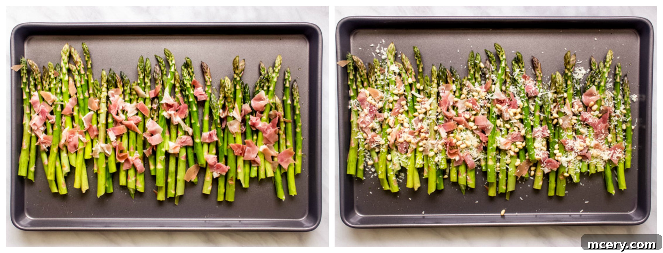 Silky Parmesan Asparagus with Crispy Prosciutto</pre> 5 Asparagus with Parmesan cheese, crispy prosciutto, and pine nuts on a baking sheet, perfectly arranged for roasting