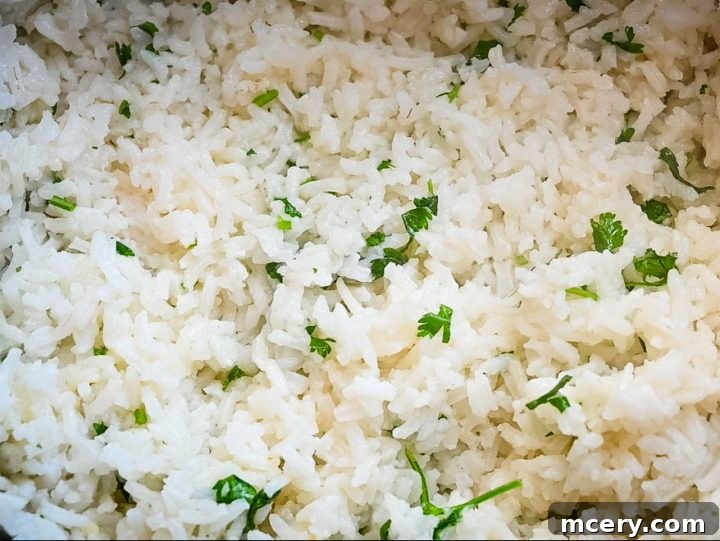 Smoky Chipotle Steak Bowls 5 Fluffy cilantro lime rice, a key component of the steak burrito bowl, garnished with fresh cilantro.