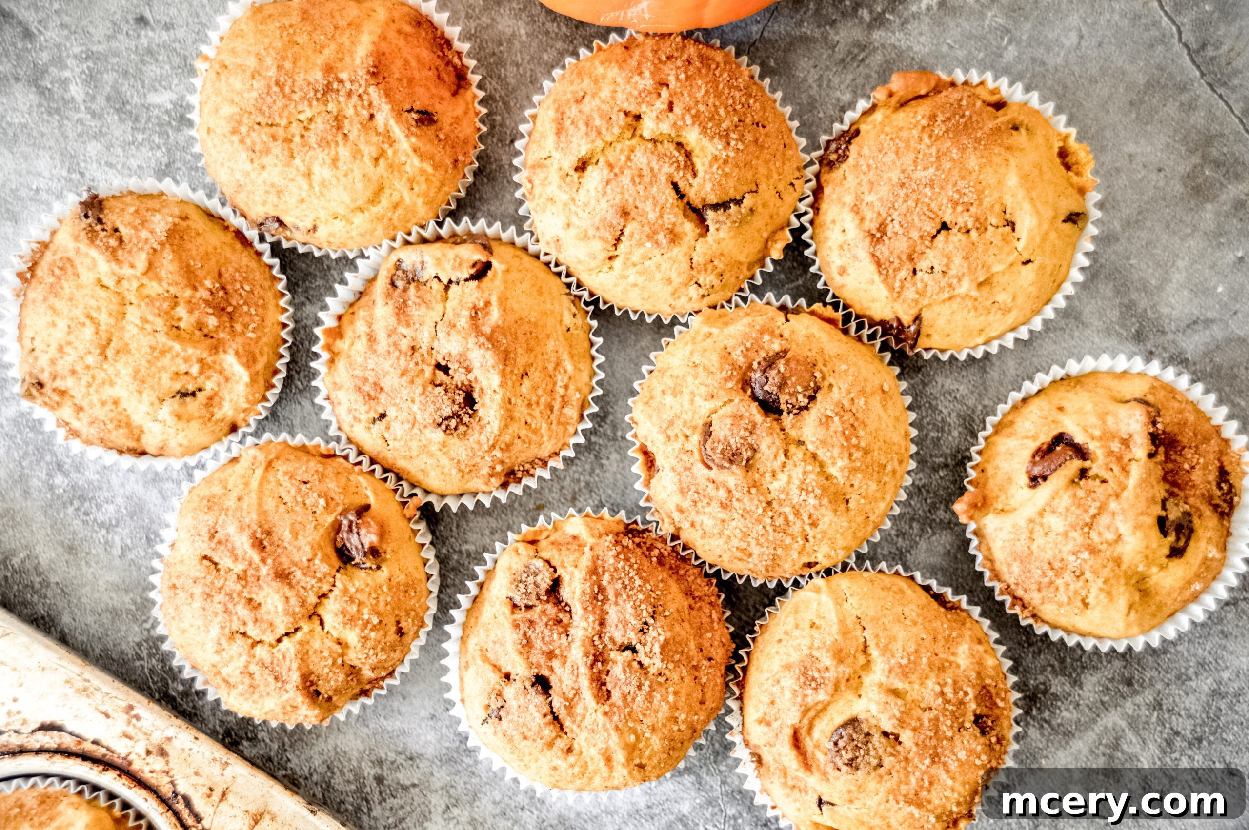 Several pumpkin chocolate chip muffins in a basket, ready to be served.