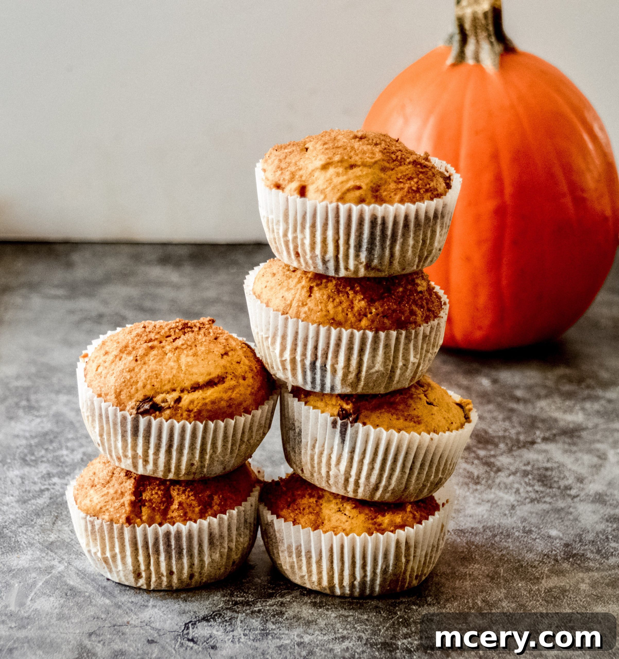 Two pumpkin chocolate chip muffins on a plate, one with a coffee cup in the background, suggesting a cozy breakfast scene.