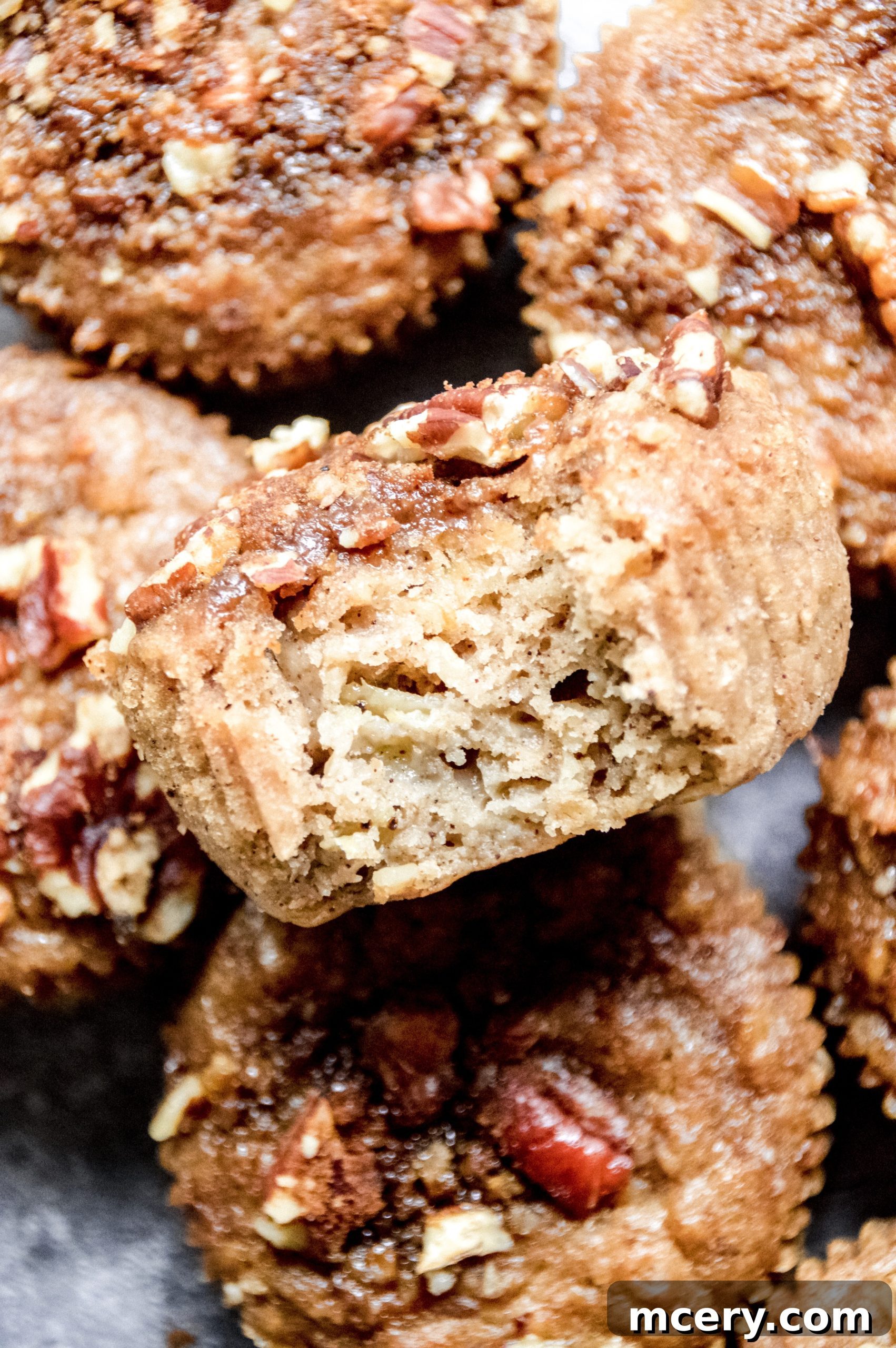 Moist Vegan Banana Cinnamon Muffins 3 Close-up of a vegan banana cinnamon muffin, showing its moist texture and crumbly topping.