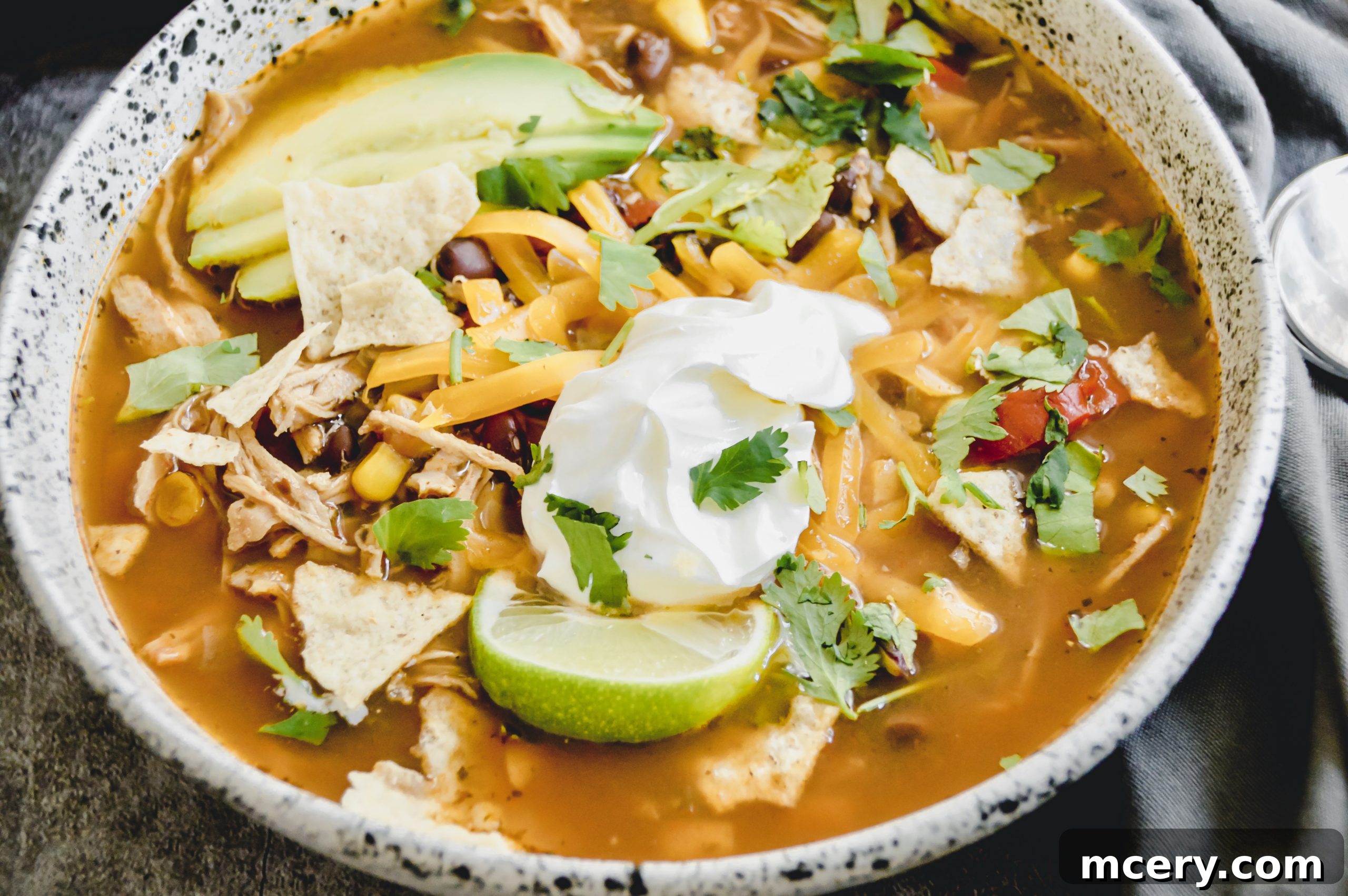 Hearty Slow Cooker Chicken Enchilada Soup 4 Overhead view of a slow cooker filled with all the ingredients for Chicken Enchilada Soup before cooking.