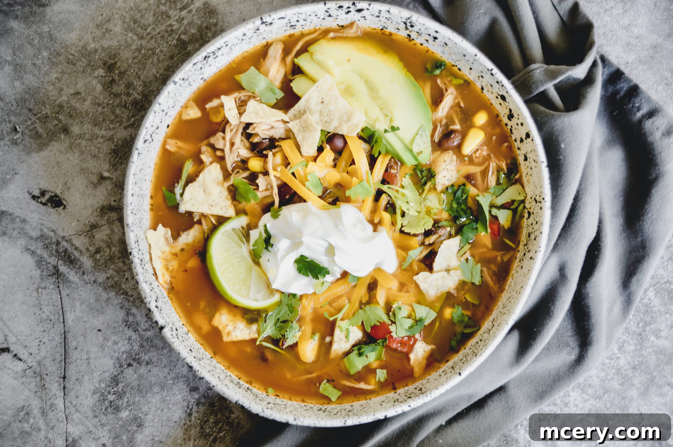 Hearty Slow Cooker Chicken Enchilada Soup 5 A colorful array of ingredients for Chicken Enchilada Soup laid out on a kitchen counter: chicken, vegetables, canned goods, and spices.