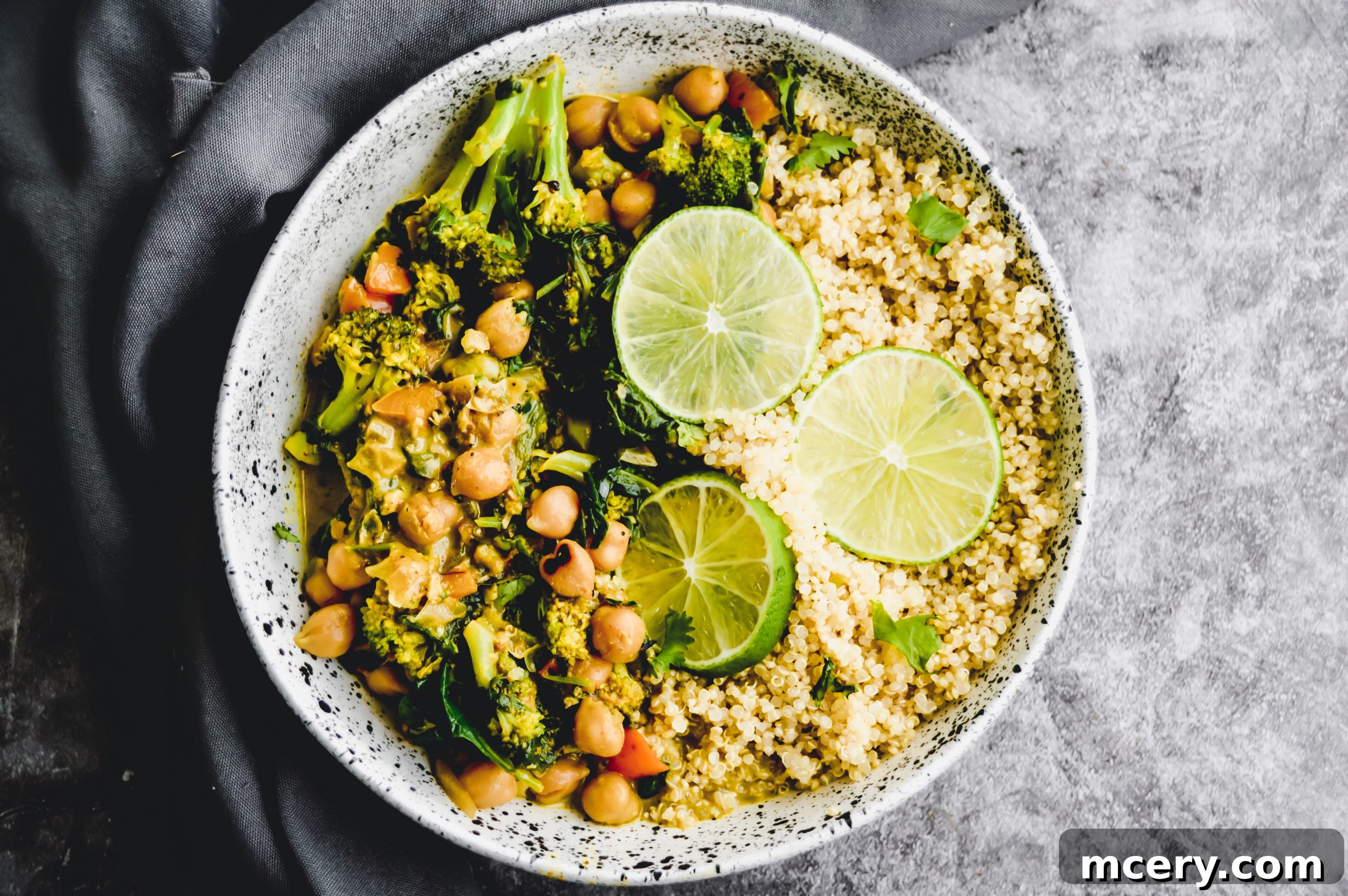 15-Minute Chickpea Curry Quinoa Power Bowl 4 A freshly made bowl of 15-Minute Chickpea Curry and Quinoa, ready to be served.