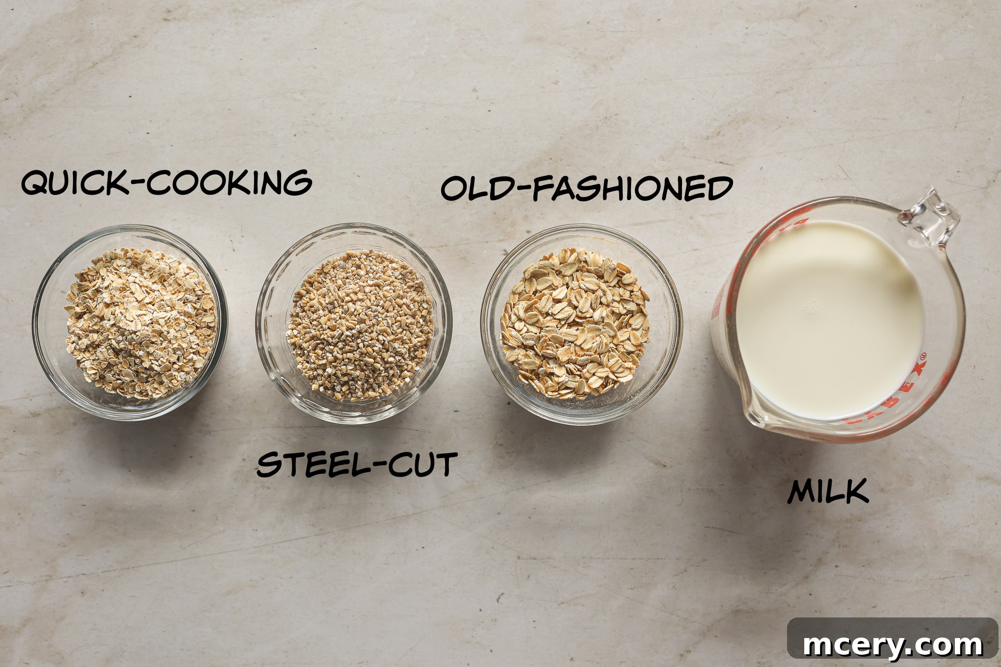 Overnight Oats Your Complete Guide to Oat Varieties and Preparation 3 Three types of oats in glass bowls.