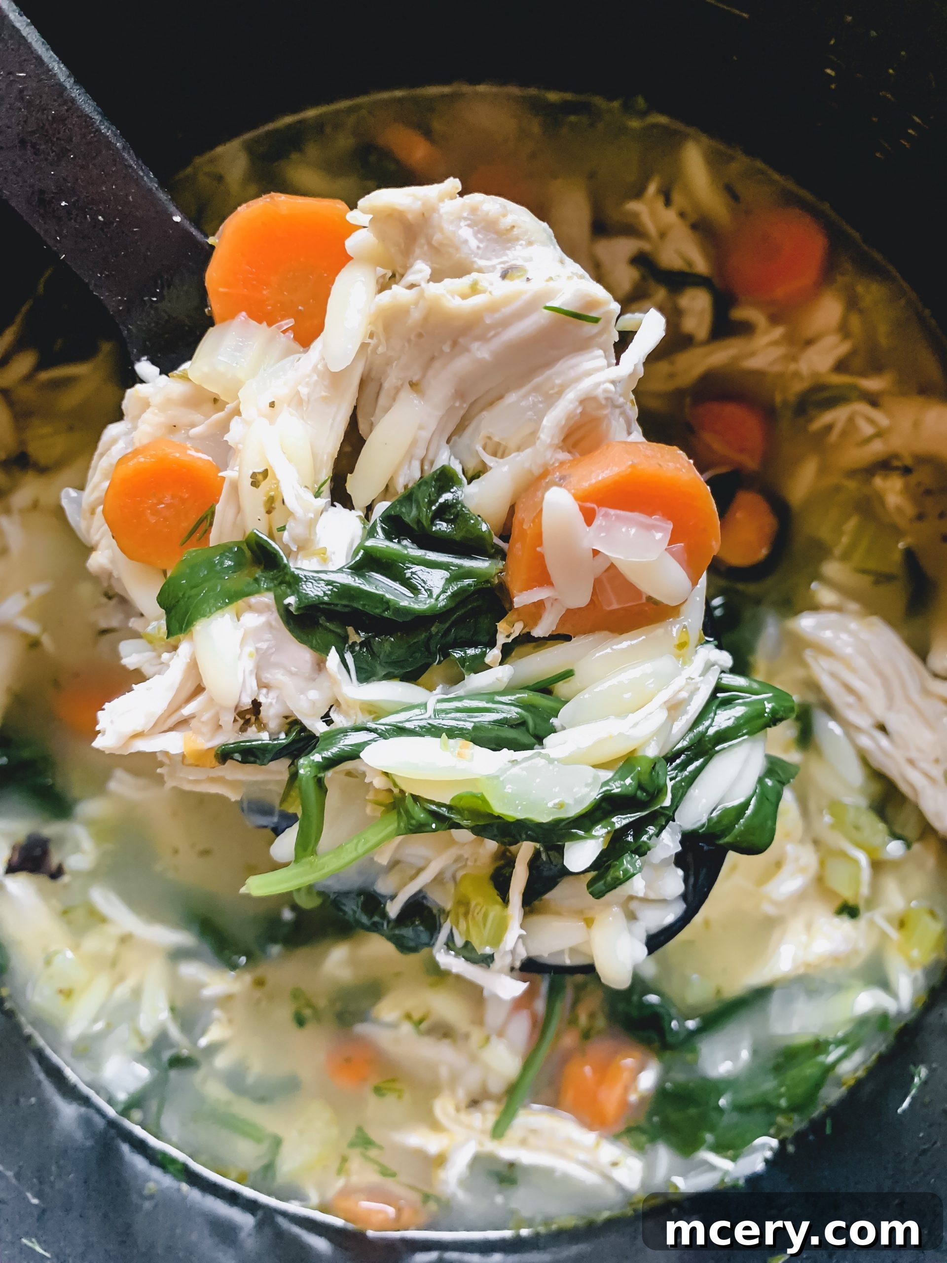 Zesty Instant Pot Lemon Chicken Orzo Soup 4 An overhead shot of Instant Pot Lemon Chicken Orzo Soup in a bowl with a spoon, highlighting its creamy texture.
