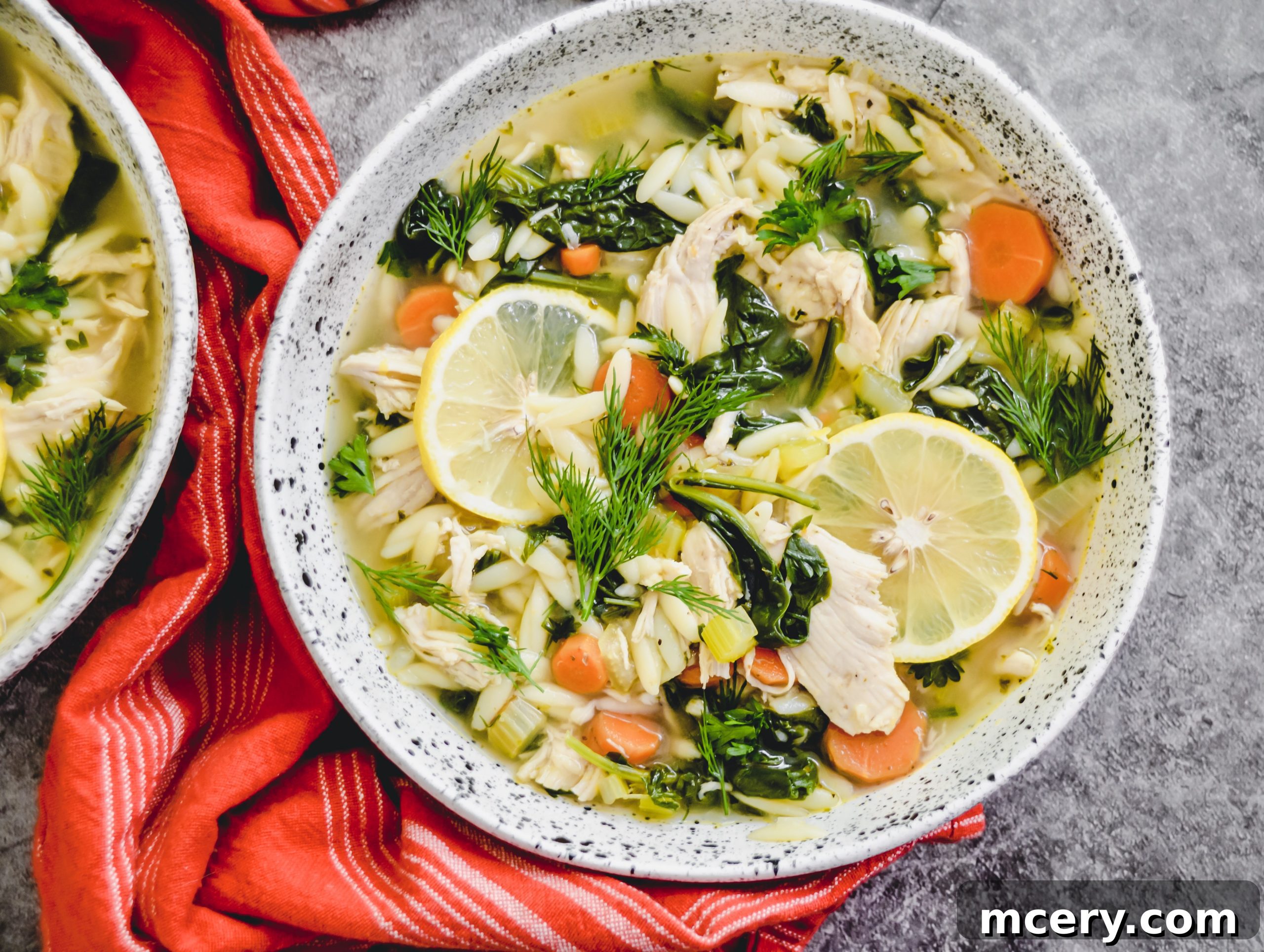 Zesty Instant Pot Lemon Chicken Orzo Soup 5 A rustic bowl of Instant Pot Lemon Chicken Orzo Soup, ready to be served, with a hint of steam rising.
