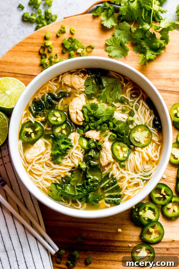 Aromatic Vietnamese Chicken Soup 2 overhead vietnamese chicken noodle soup with fresh herbs and lime wedges