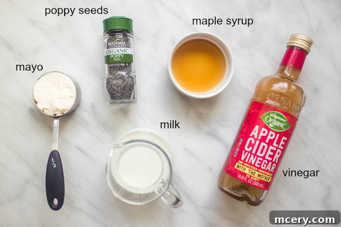 Fresh Homemade Poppy Seed Dressing 4 Individual ingredients for poppy seed salad dressing laid out on a table