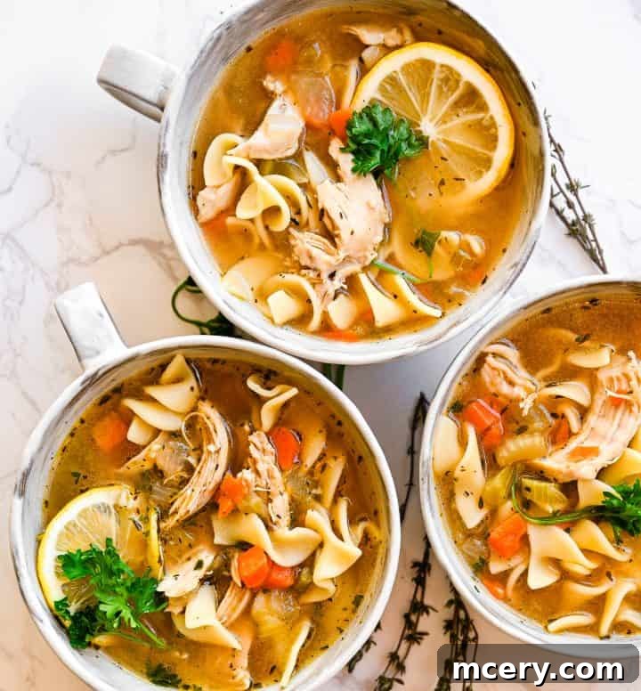 Soul Soothing Chicken Noodle Soup 2 Overhead image of three steaming bowls of homemade chicken noodle soup, brimming with golden egg noodles, tender shredded chicken, vibrant carrots, crisp celery, and delicate lemon slices.
