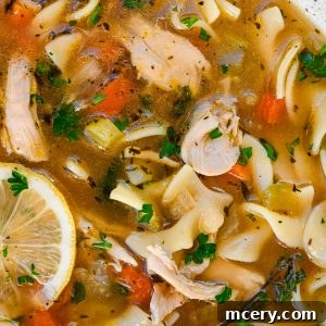 Soul Soothing Chicken Noodle Soup 13 Close-up overhead view of cozy chicken noodle soup with noodles, vegetables, and shredded chicken
