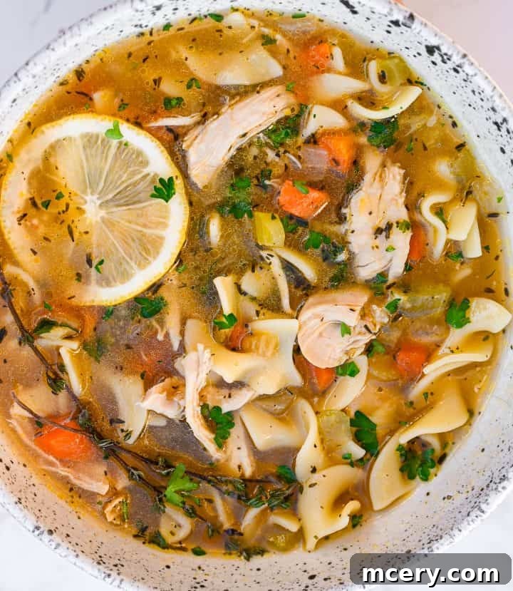 Soul Soothing Chicken Noodle Soup 3 Close-up of a bowl of homemade chicken noodle soup, featuring a rich broth, hearty egg noodles, shredded chicken, colorful carrots, crisp celery, fresh parsley, and a bright lemon wedge.