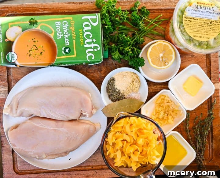 Soul Soothing Chicken Noodle Soup 4 Overhead view of essential chicken noodle soup ingredients laid out, including raw chicken breasts, uncooked egg noodles, rich chicken broth, fresh herbs, aromatic spices, butter, minced garlic, and a mirepoix of carrots, celery, and onion.