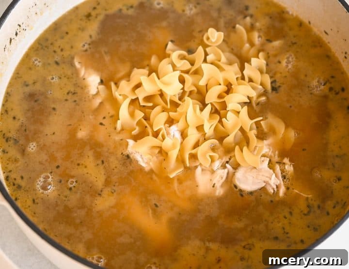 Soul Soothing Chicken Noodle Soup 9 Egg noodles being added to the simmering chicken noodle soup in a large pot, ready to cook until tender.