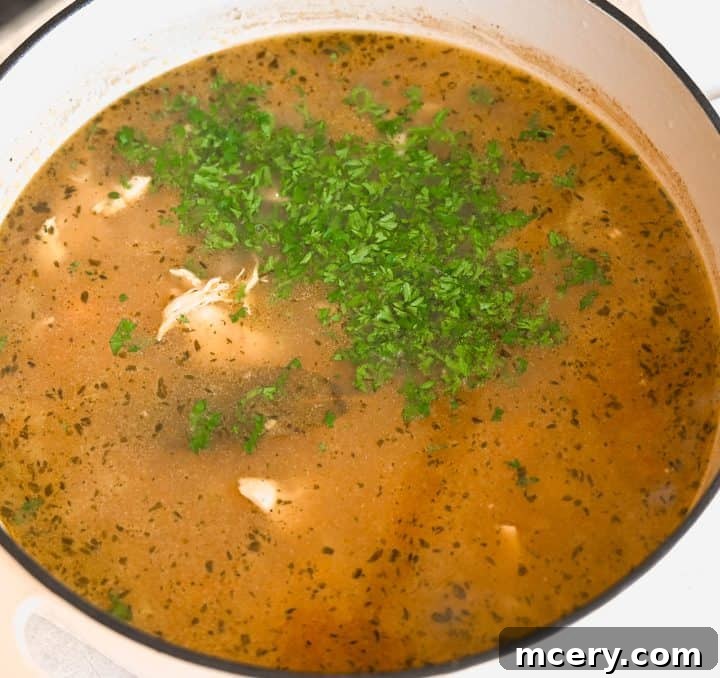 Soul Soothing Chicken Noodle Soup 10 A ladle serving a generous portion of steaming chicken noodle soup into a bowl, showcasing its rich texture and vibrant ingredients.