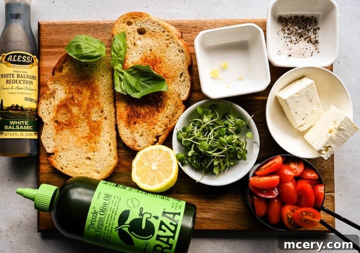 Ingredients laid out for making Feta Tomato Toast