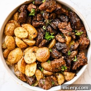 Garlic Butter Steak Bites with Parmesan Roasted Potatoes