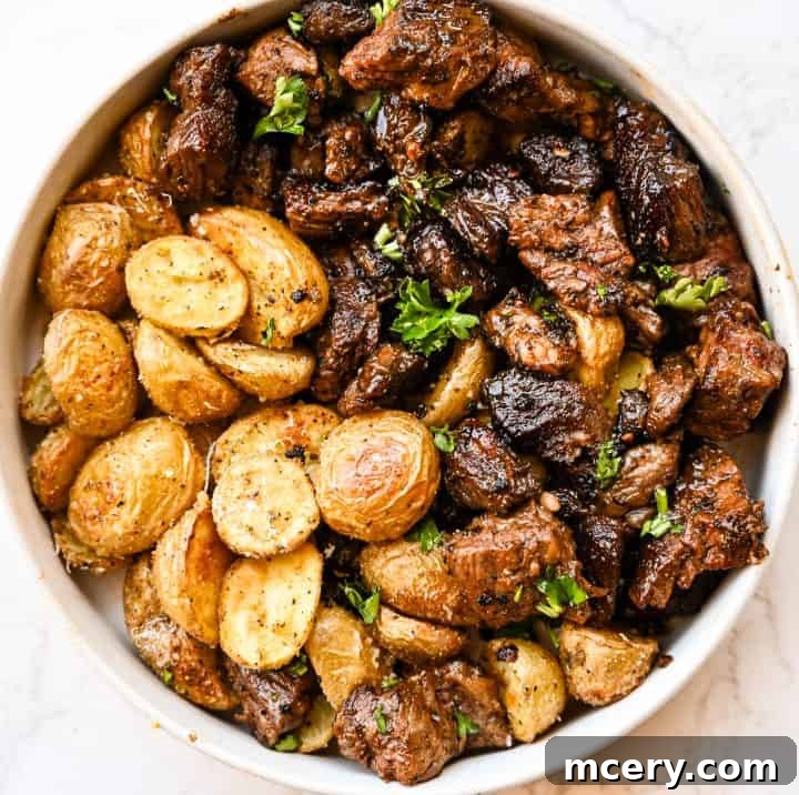 Juicy Garlic Butter Steak Bites with Crispy Parmesan Potatoes 3 Steak and potato bowl, perfect quick dinner