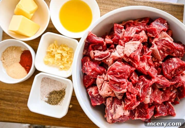 Juicy Garlic Butter Steak Bites with Crispy Parmesan Potatoes 4 Steak and potato ingredients laid out
