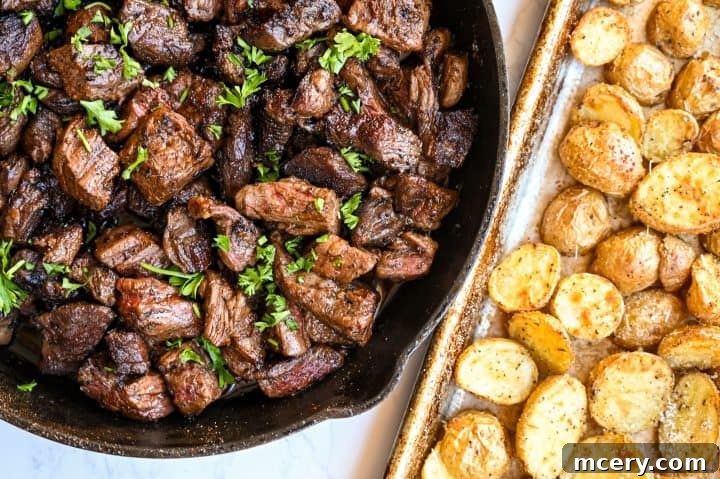 Juicy Garlic Butter Steak Bites with Crispy Parmesan Potatoes 10 crispy parmesan roasted potatoes