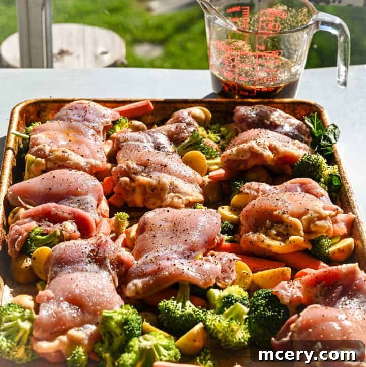 Sticky Honey Garlic Chicken and Roasted Vegetables 6 Serving of sheet pan honey garlic chicken and veggies